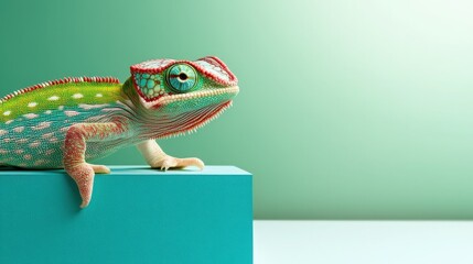 Minimalist style small green chameleon on a teal block nature photography studio environment close-up perspective