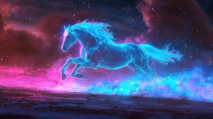Obraz premium Energetic spectral horse galloping across the cosmic desert landscape with glowing light