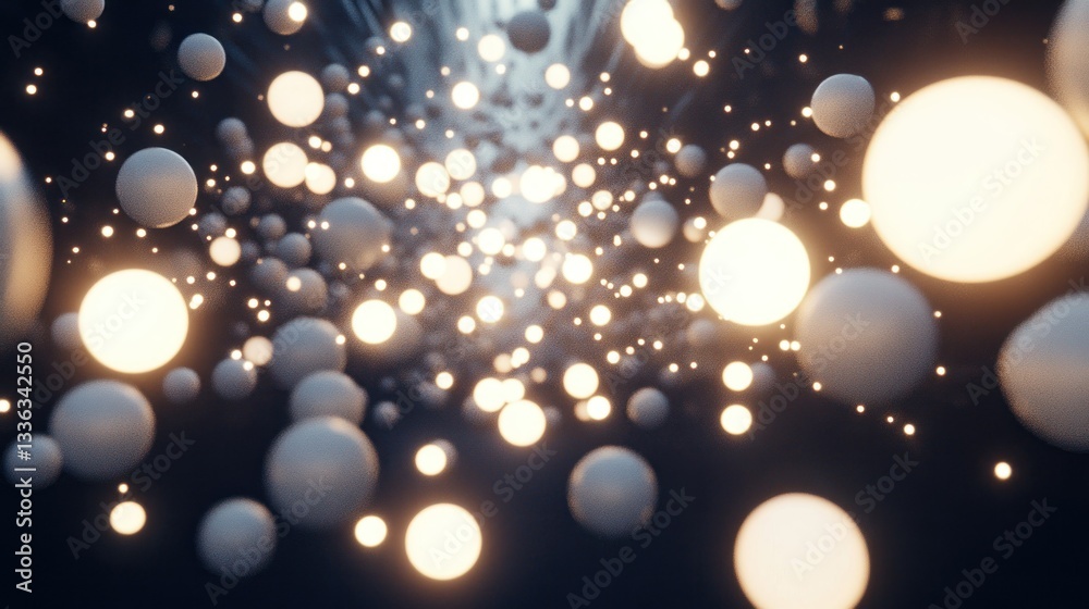Poster many luminous glowing spheres suspended in dark space appear to float