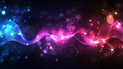 Abstract digital art featuring vibrant blue and pink waves with glowing particles.