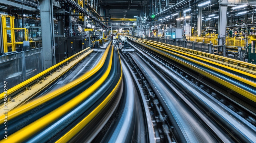 Poster the perspective shows industrial machinery and automated assembly lines