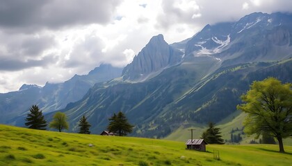 Dramatic Mountains Loom Over a Lush Green Meadow in the Swiss Alps.