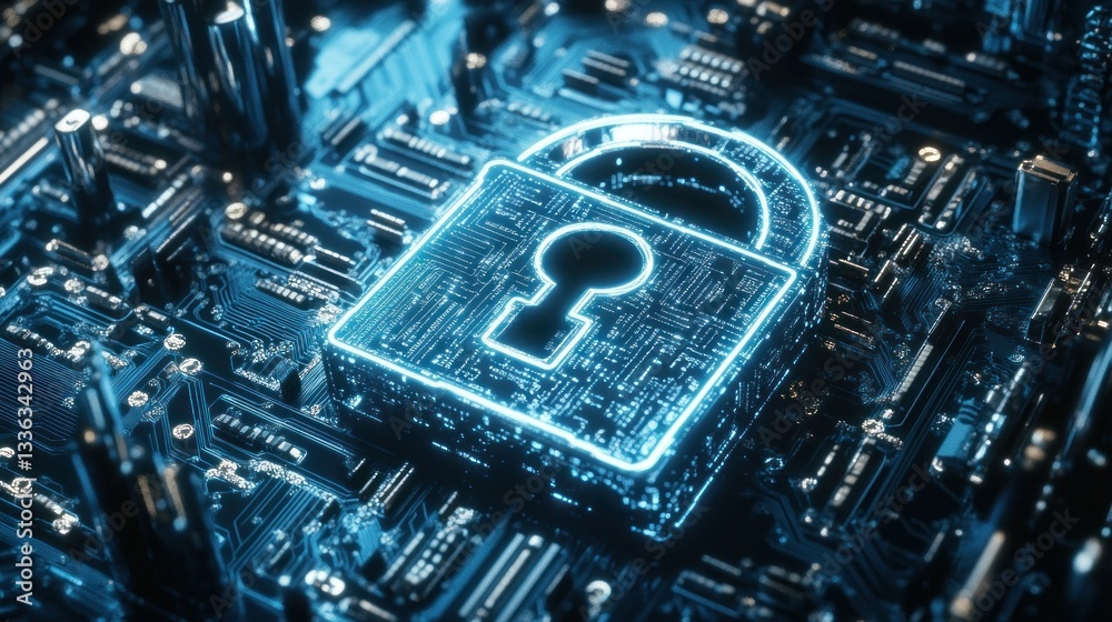 Poster A digital illuminated lock superimposed on a circuit board background