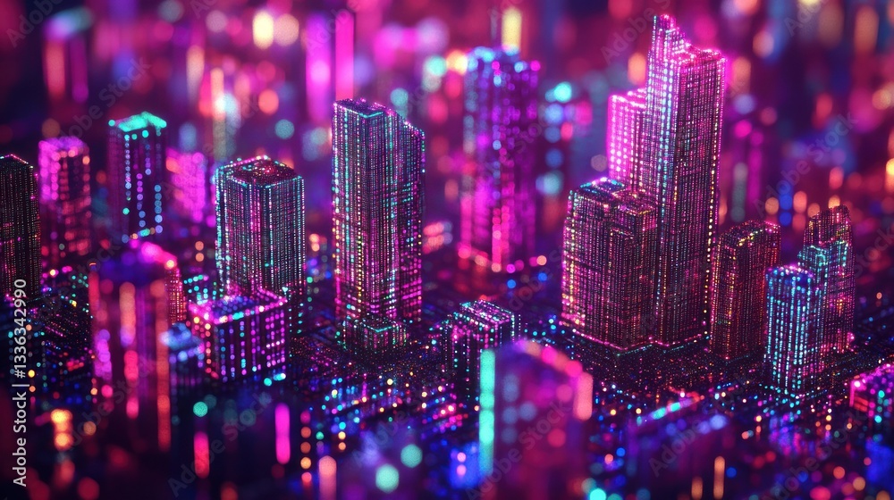 Poster Futuristic Cityscape Displaying Colorful Structures and Illumination Effects