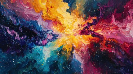 Fototapeta premium Colorful abstract cosmic painting featuring vibrant hues of orange, pink, blue, and purple, capturing the beauty of the universe in a stylish and emotional way