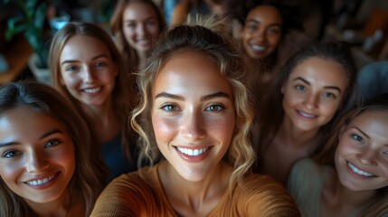Fototapeta premium Diverse group of professionals posing for a work selfie in a creative workspace