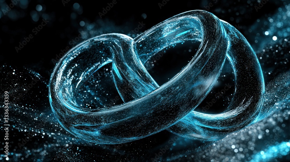 Poster abstract three dimensional interlocking rings illuminated with blue light