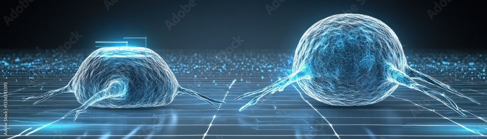 Poster two glowing biological cells with protruding structures and internal details