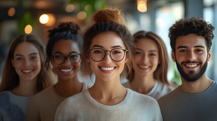 Fototapeta premium Animated workplace selfie showing colleagues smiling in a bright office