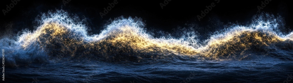 Poster A dynamically rendered ocean wave cresting with brilliant golden light