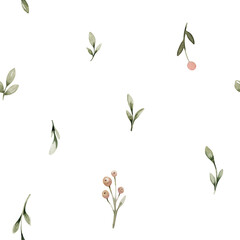 Watercolor floral seamless pattern in cute childish style, colored garden background, hand painting print with abstract flowers, leaves and plants, design texture