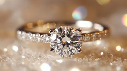 Fototapeta premium Elegant diamond engagement ring on a sparkling surface.