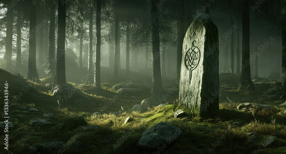 Poster mysterious ancient stone with markings standing in a forest clearing