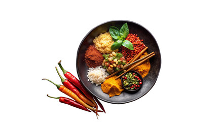 Colorful Culinary Bowl with Ingredients and Chili Peppers