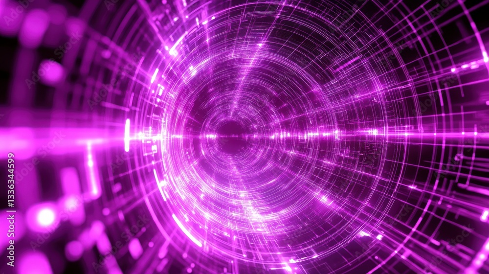 Poster a futuristic tunnel with glowing neon lines and circles