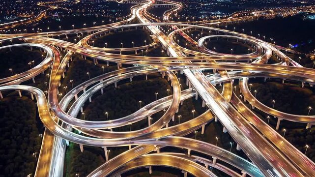 Driving cars creating mesmerizing light trails on complex elevated interchange during nighttime in shanghai, revealing urban dynamism and engineering marvel