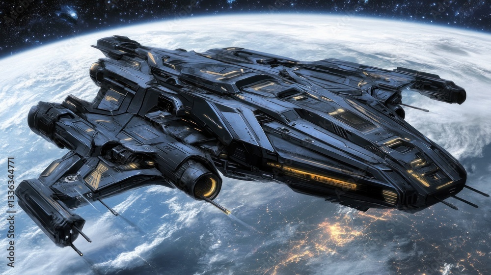 Poster a large dark spacecraft is seen near a planet in space
