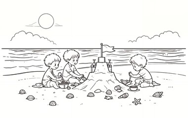 Kids Building Sandcastle Illustration at the Beach with Shells and Toys