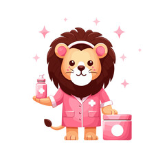 Fototapeta premium Cute cartoon lion pharmacist in pink uniform with medicine, vector illustration. Perfect for healthcare websites, pharmacy branding, or medical services advertising.