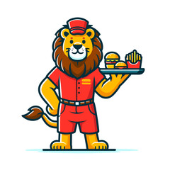 Naklejka premium Cartoon fast food worker lion in red uniform holding tray with burger and fries. Perfect for restaurant branding, food delivery service, or quick service industry concepts.