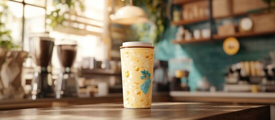 Yellow patterned travel mug on cafe counter.