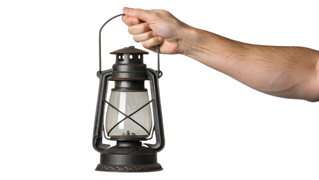 hand holding lantern isolated on white