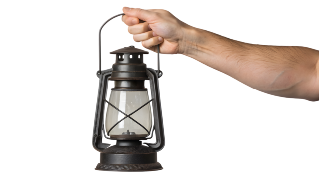 hand holding lantern isolated on white