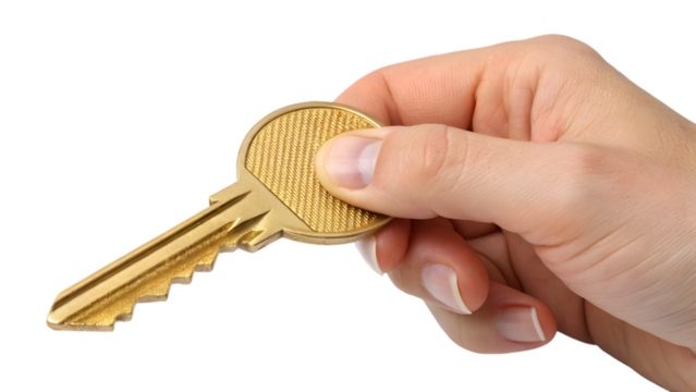 hand holding golden key isolated on white