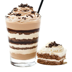 Iced Coffee Dessert, layered glass,  whipped cream, chocolate, cake slice
