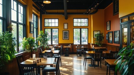 Fototapeta premium Bright cafe interior, sunny dining area, modern design