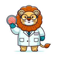 Naklejka premium Cartoon lion scientist in lab coat examining petri dish. Ideal for science education or laboratory research concepts.
