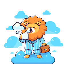 Fototapeta premium Sleepy lion in striped pajamas with briefcase on cloud. Perfect for sleep therapy or bedtime routine concepts.