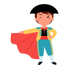 Boy dressed in a matador costume and holding a red cloth.