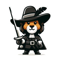 Obraz premium Dashing lion musketeer in black hat and cape with sword. Perfect for historical literature or theatrical character designs.