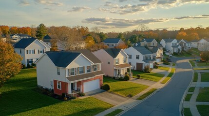 An aerial view presents suburban homes in an autumn neighborhood setting