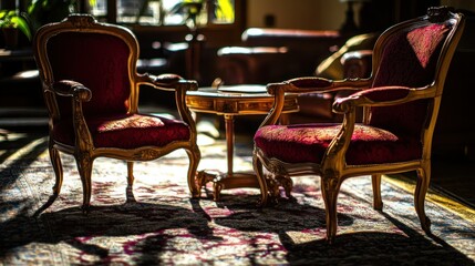 Two ornate antique chairs are placed next to a small table