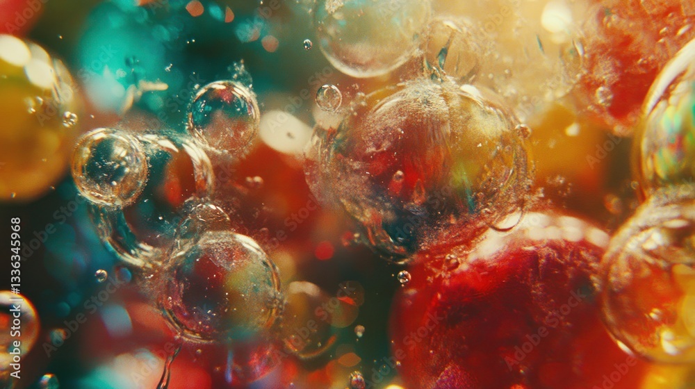 Aufkleber close up view of colorful liquid with various spherical bubbles
