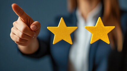 Businesswoman Showcasing Five-Star Symbol for Exceptional Hospitality and Service Quality