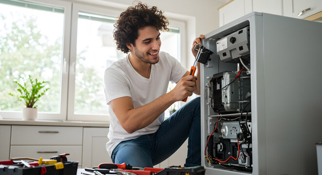 young man repairing an fridge in a clean white kitchen