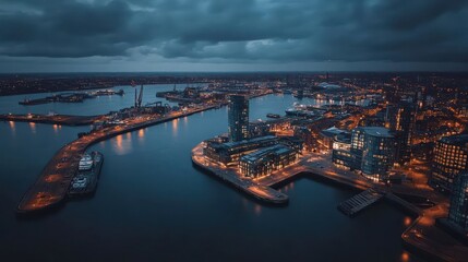 Obraz premium Aerial view of a vibrant city skyline at dusk, showcasing illuminated buildings and waterways