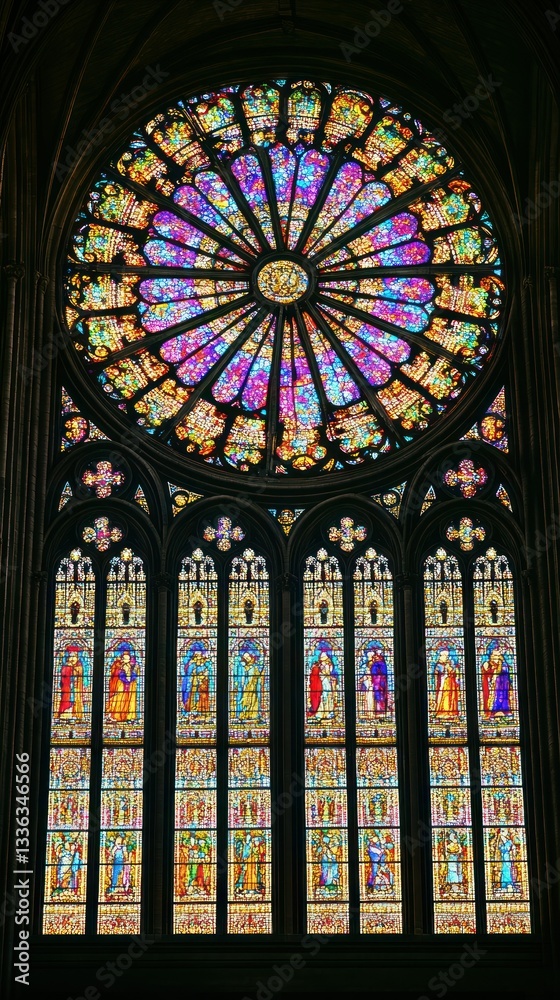 Poster a colorful stained glass window displaying beautiful architectural details