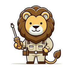 Obraz premium Cartoon handyman lion with screwdriver and tool belt, vector illustration. Perfect for repair services, home maintenance businesses, and DIY project promotions.