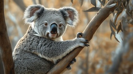Obraz premium A cute koala is sitting on a tree branch looking forward