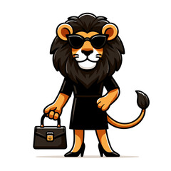 Cartoon businesswoman lion in black dress with sunglasses and handbag. Perfect for female entrepreneurship, corporate fashion, professional networking, or executive coaching services.