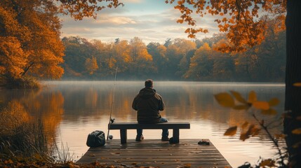 A person sitting on a bench near a still lake