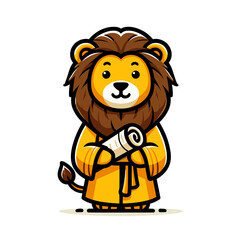 Peaceful lion monk in yellow robe holding meditation scroll. Ideal for mindfulness practices or spiritual wellness content.