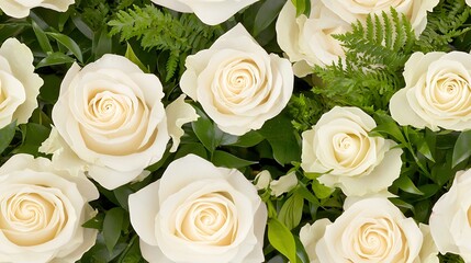 Obraz premium Close Up of Many White Roses and Green Leaves