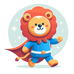 Fototapeta premium Cartoon superhero lion in blue costume with red cape on teal background. Perfect for children's entertainment, courage themes, protective services, or motivational content for kids.