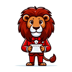 Obraz premium Cartoon official lion in red suit holding invitation document, vector illustration. Perfect for formal event announcements, ceremony organizations, and protocol services.