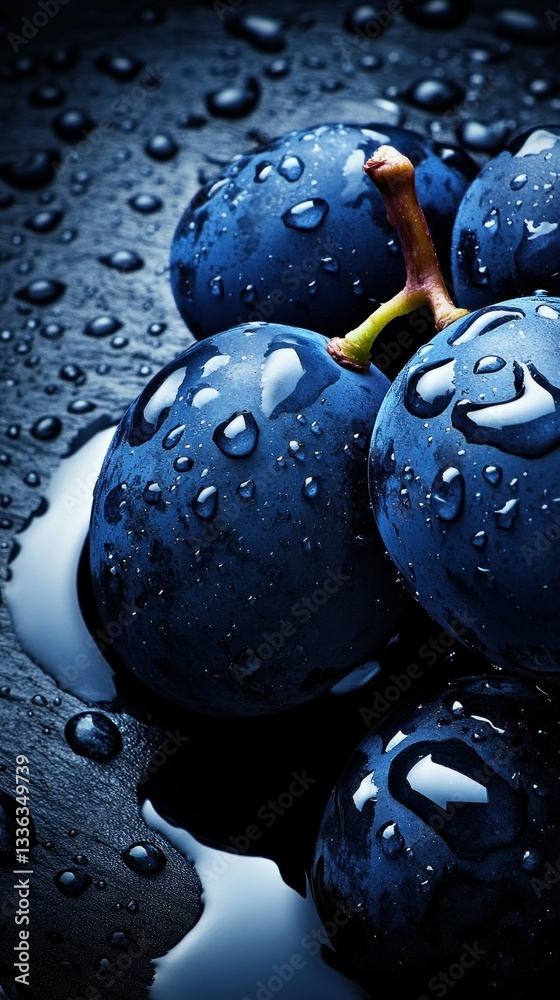 Poster close up image of a bunch of wet grapes